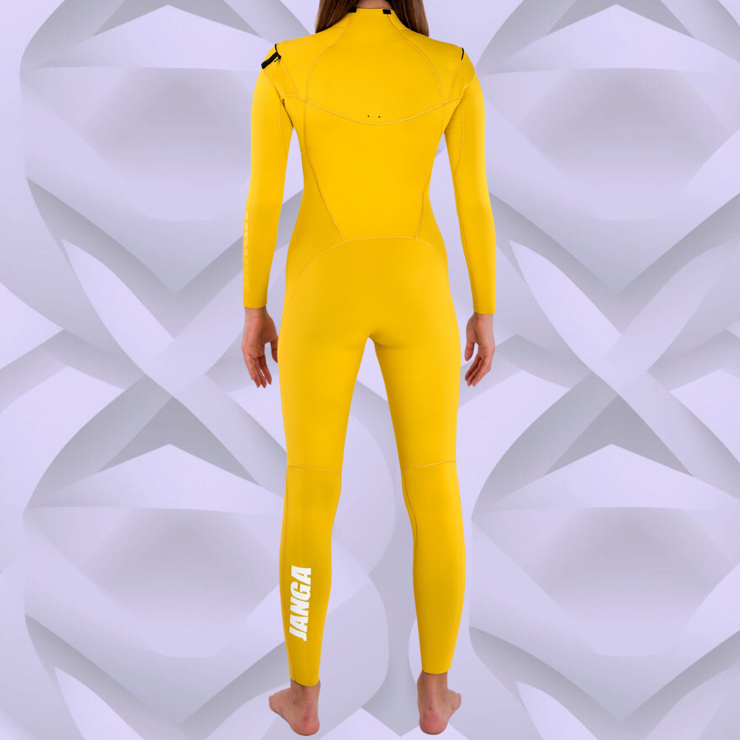 Back side — Yellow JANGA PLUS wetsuit with Long JAP zipper system