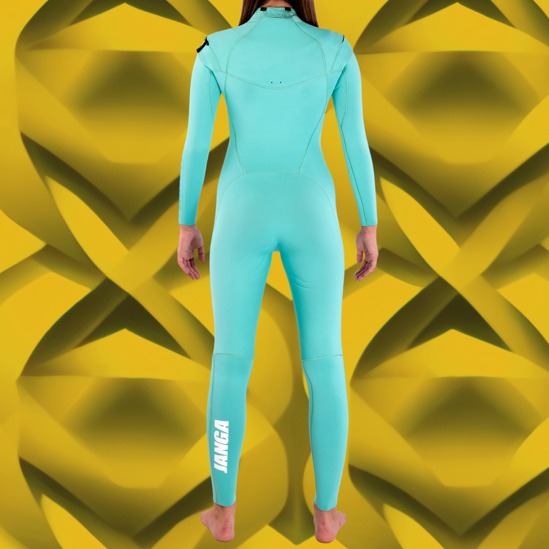 Back view — Blue JANGA PLUS SERIES X-ZIP wetsuit featuring rare Long JAP zipper