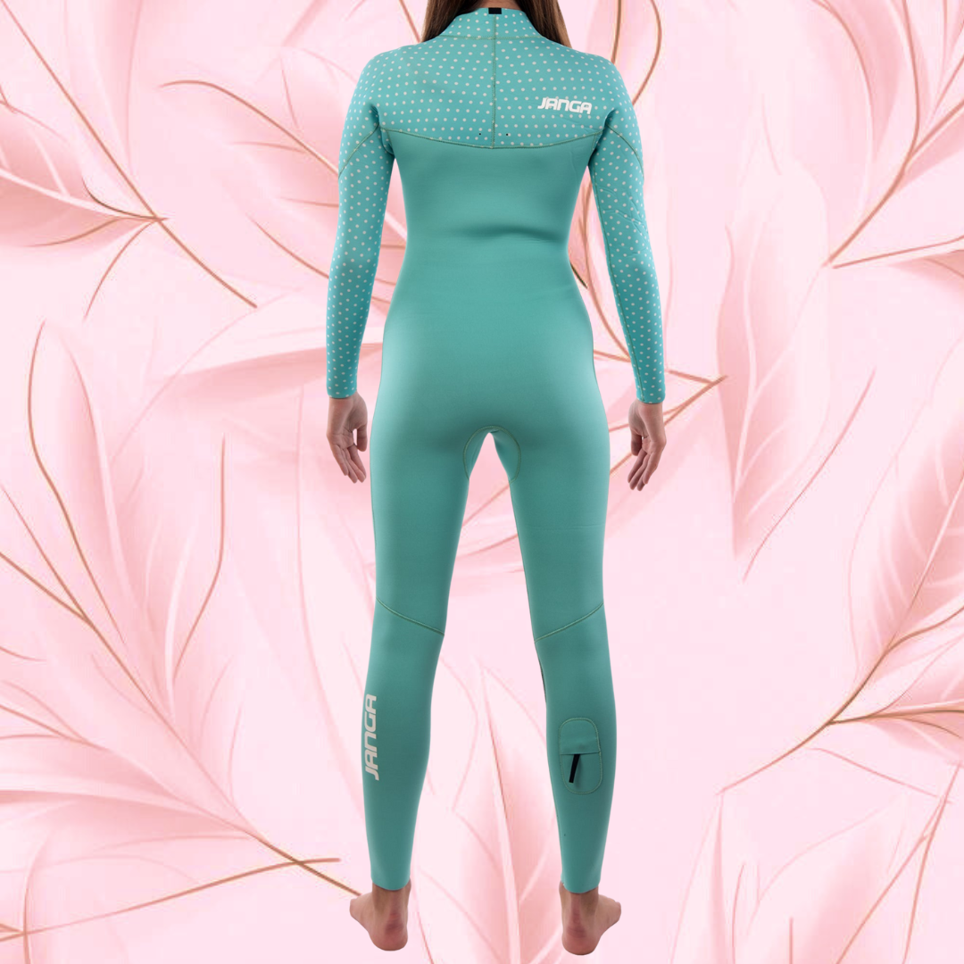 Back view — Blue/dots JANGA PLUS SERIES X-ZIP wetsuit featuring rare Long JAP zipper