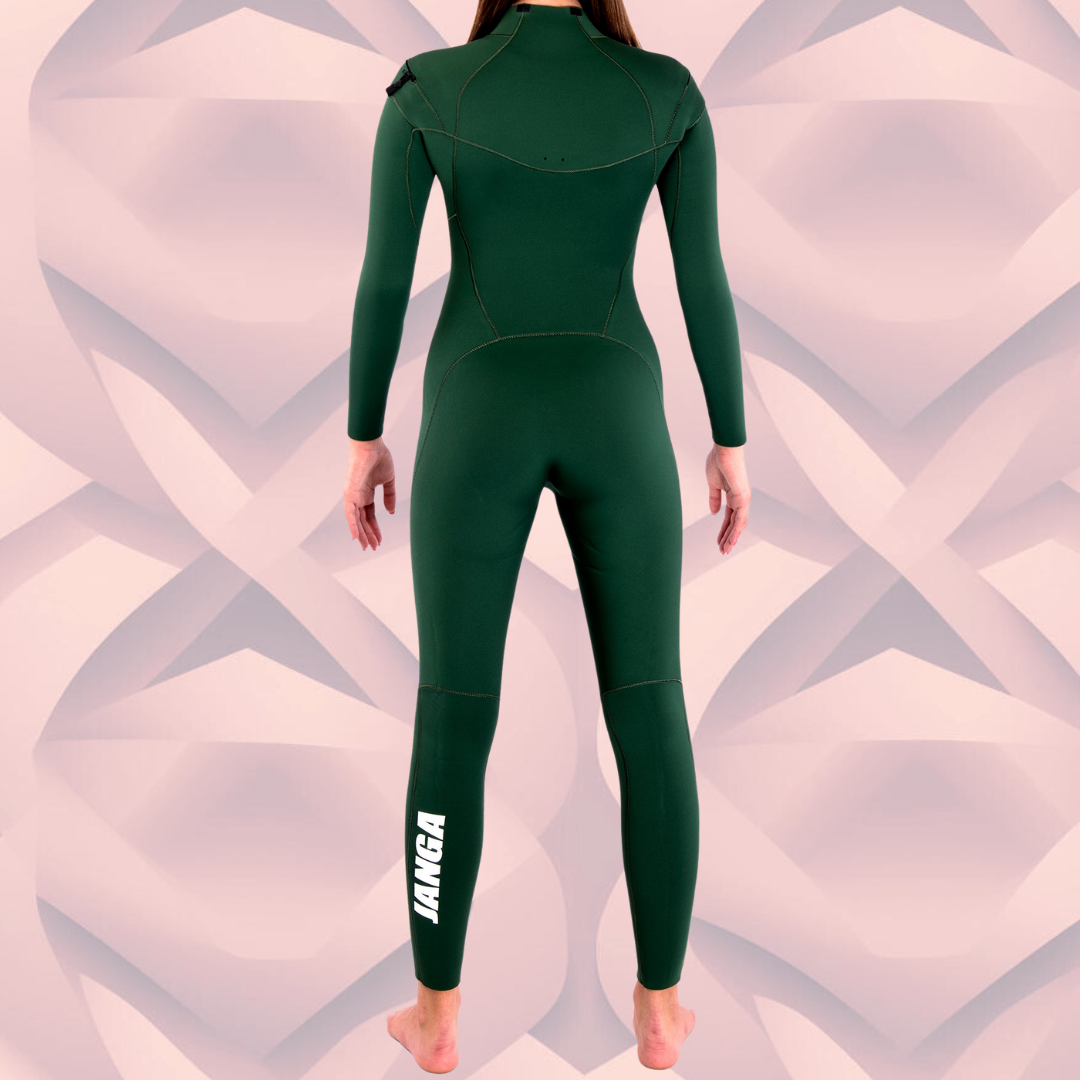 Back view — Green JANGA PLUS SERIES X-ZIP wetsuit featuring rare Long JAP zipper