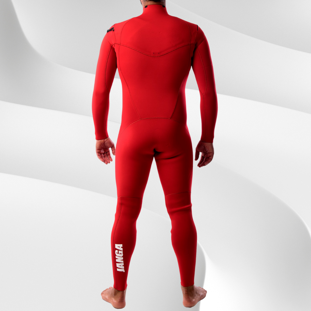 Back view – Men's JANGA PLUS SERIES 4/3mm Red premium limestone neoprene wetsuit