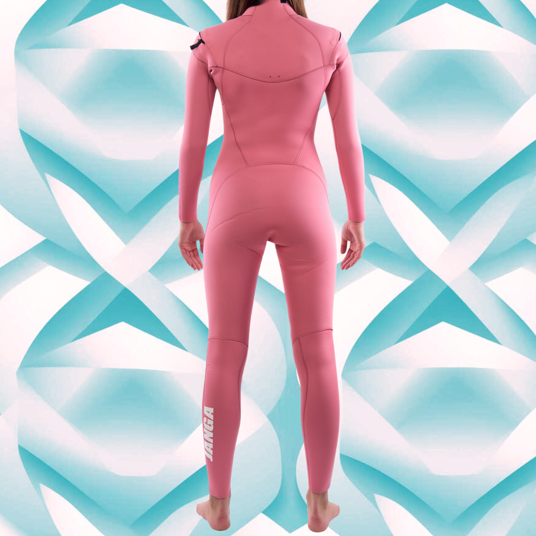Back view — Pink JANGA PLUS wetsuit with unique Long JAP zipper
