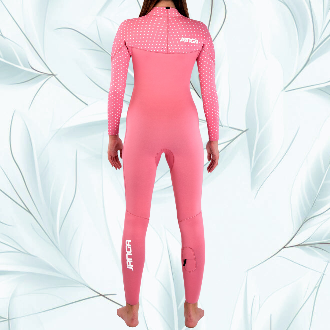 Back view — Pink/dots JANGA PLUS wetsuit with unique Long JAP zipper