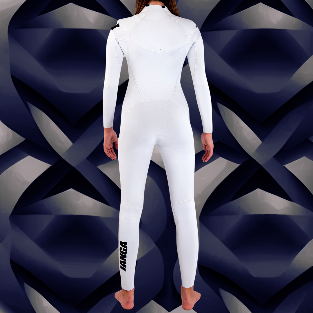 Back view — White JANGA PLUS wetsuit with Long JAP back zip design