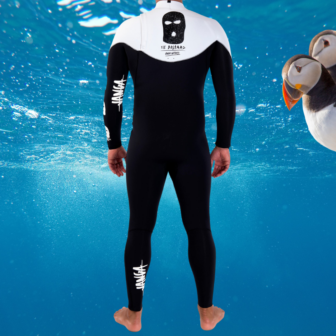 Back view of JANGA Bastard ZIP FREE 4/3mm Black/White wetsuit – zip-free design for maximum comfort