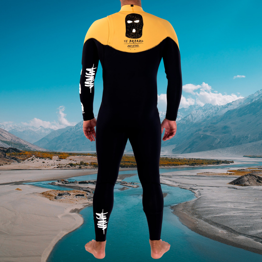 Back view of JANGA Bastard ZIP FREE 4/3mm Black/Yellow wetsuit – zip-free design for maximum comfort