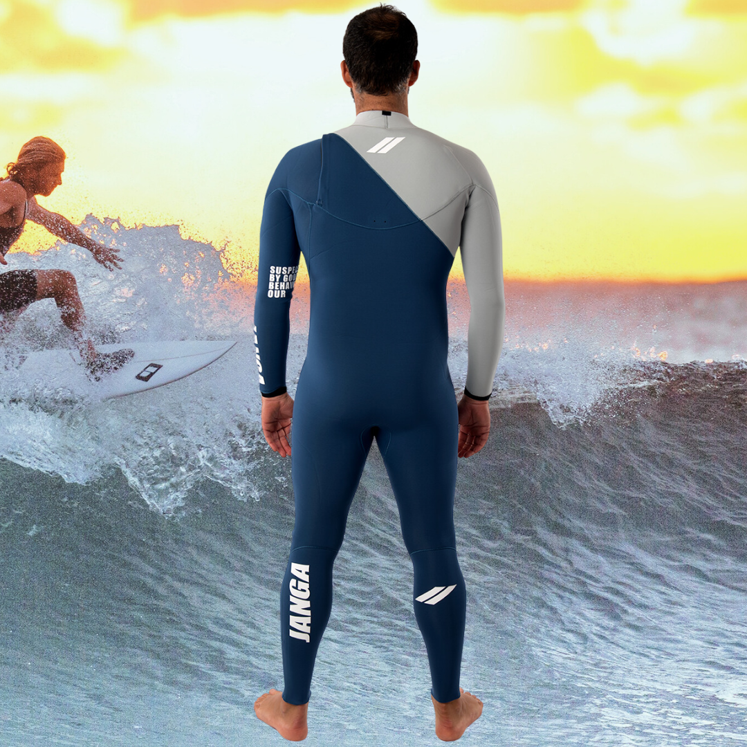 Back view of JANGA INDIGENT BLUE 3/2mm wetsuit – flexible and durable surf suit