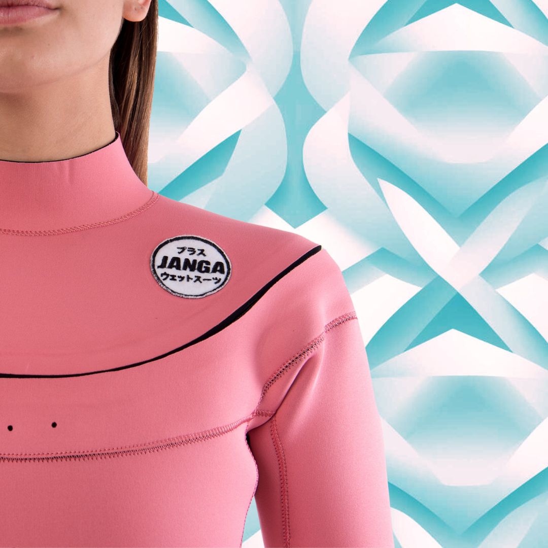 Close-up FRONT ZIPneoprene — JANGA PLUS SERIES 4/3 Pink wetsuit