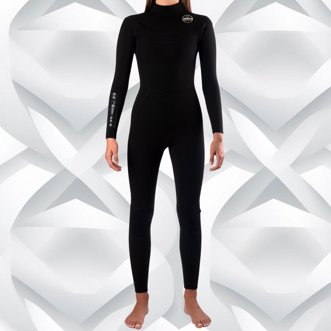 Front view — JANGA PLUS SERIES X-ZIP 4/3mm Black wetsuit with Yamamoto neoprene