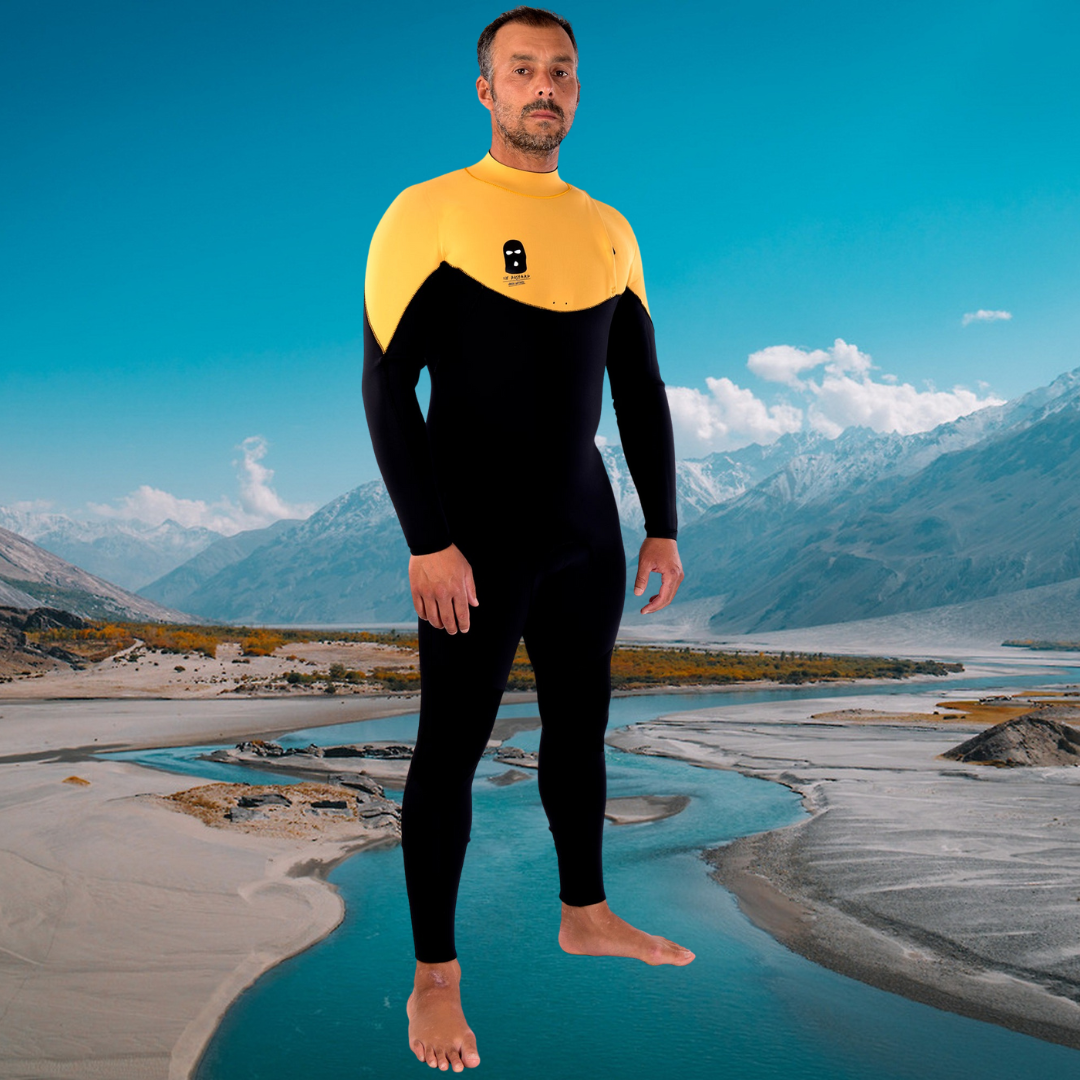 JANGA Bastard ZIP FREE 4/3mm Black/Yellow wetsuit front view – premium surf wetsuit with super stretch neoprene