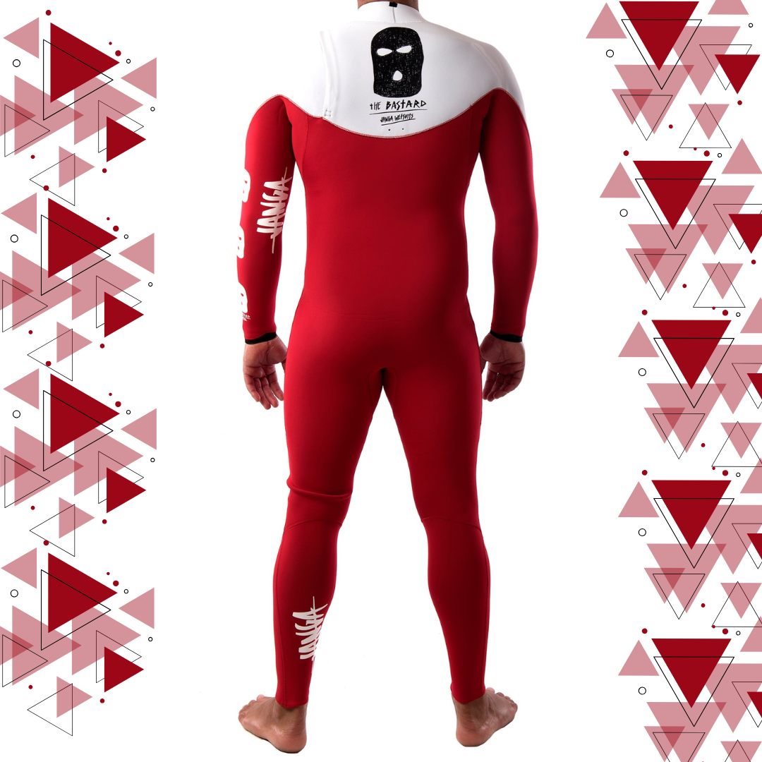 JANGA Bastard ZIP FREE 4/3mm White Red wetsuit full back view