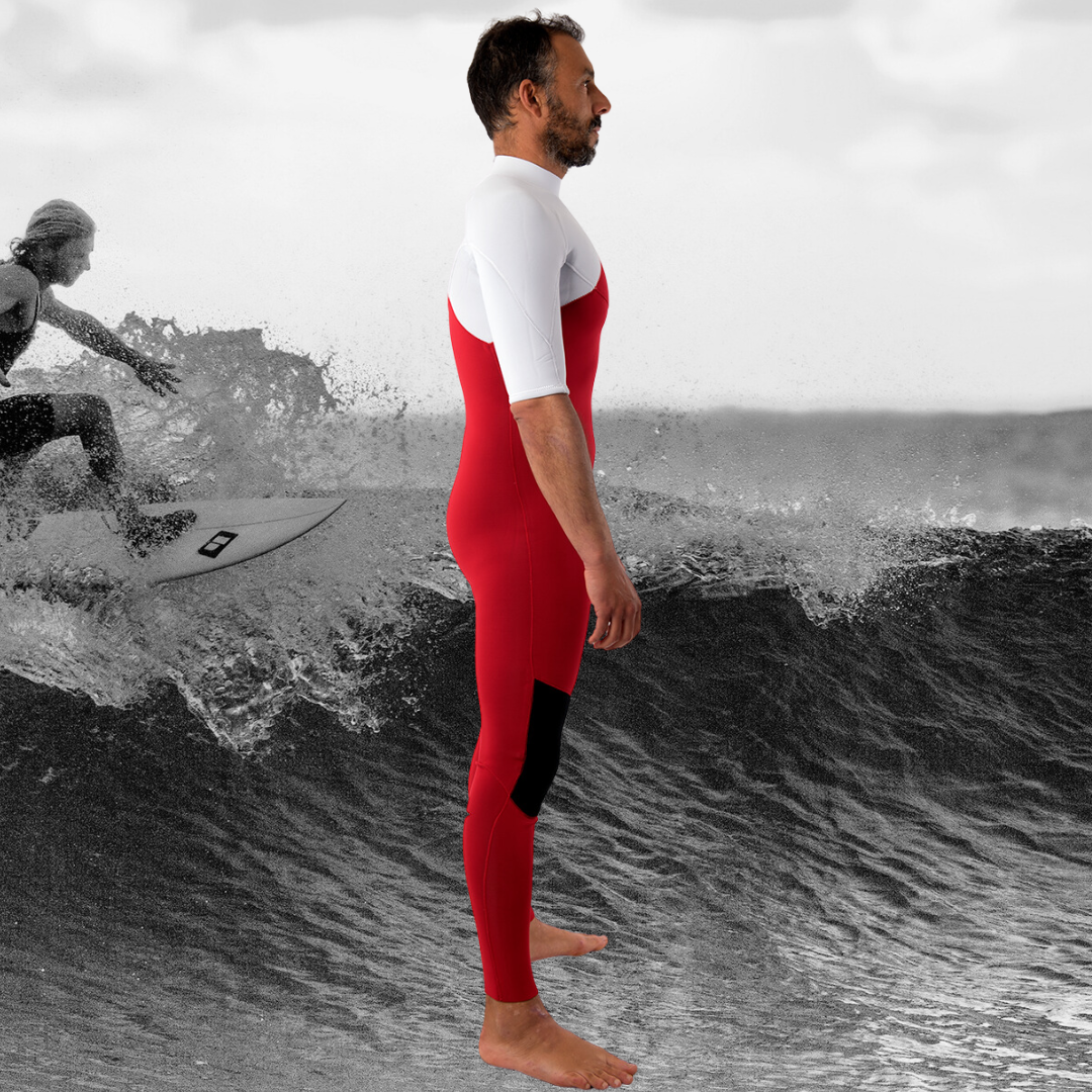 Side view of limestone neoprene material in JANGA INDIGENT SHORT SLEEVE RED 2mm