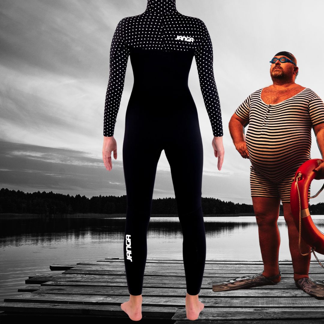 JANGA PLUS SERIES X-ZIP HOODED 5/4mm women's wetsuit, black Yamamoto #39 neoprene, back view