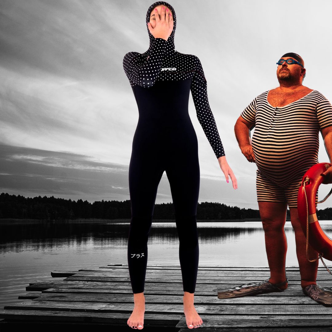 JANGA PLUS SERIES X-ZIP HOODED 5/4mm women's wetsuit, black Yamamoto #39 neoprene, front view