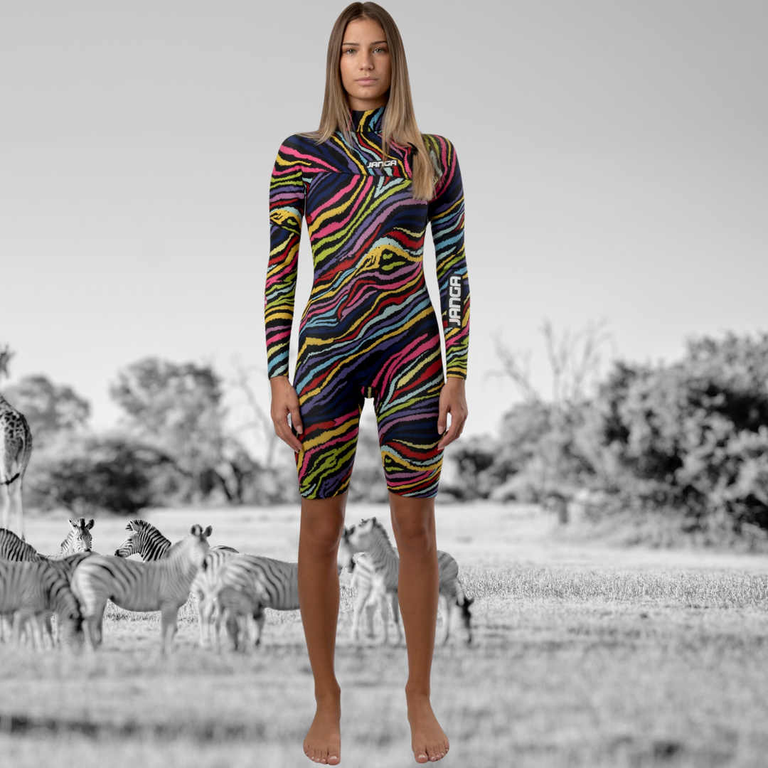 front view wetsuit JANGA JANGLE 2mm RAINBOW ZEBRA front zip