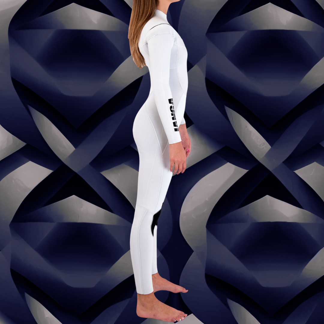Side view White JANGA PLUS wetsuit with Long JAP back zip design
