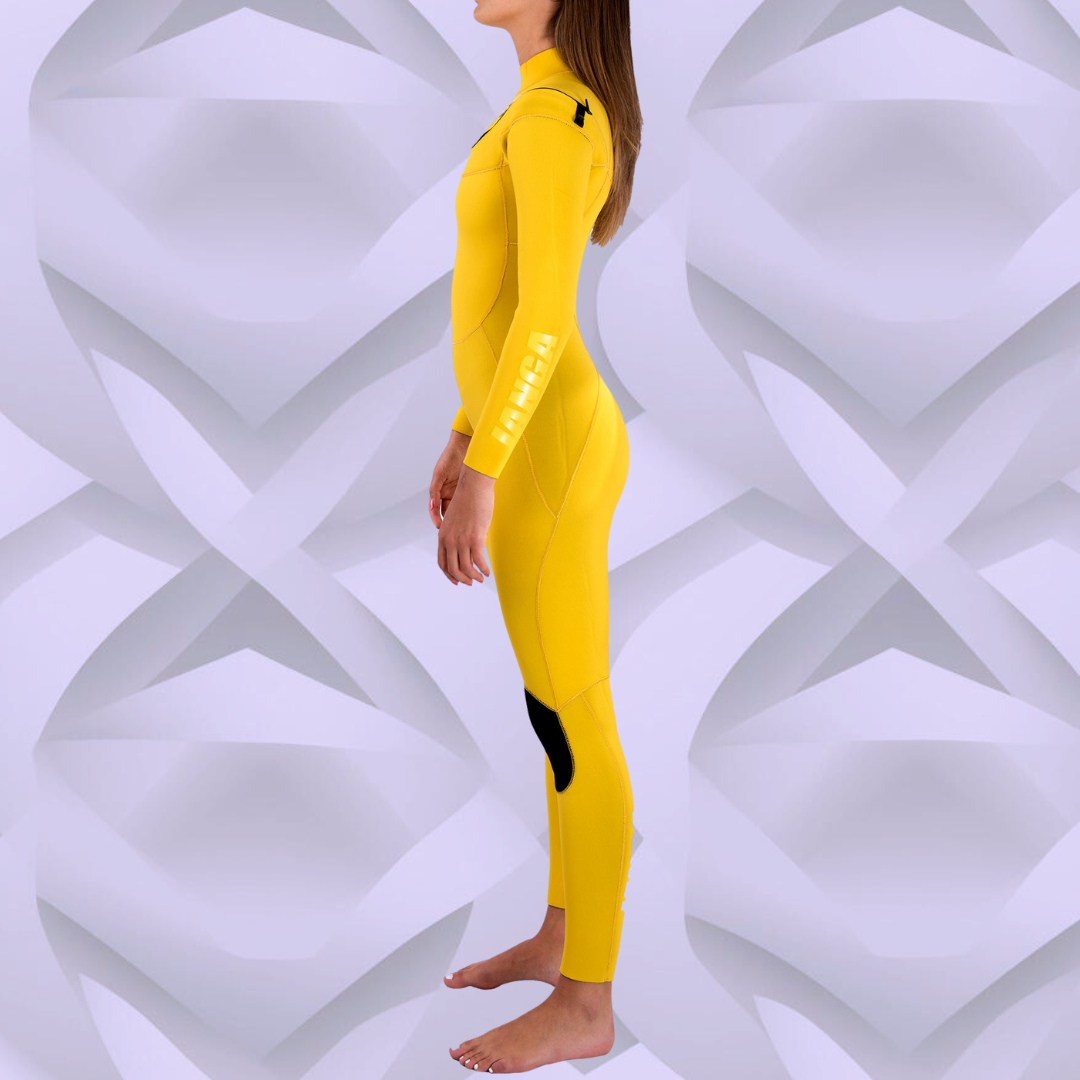 Side view Yellow JANGA PLUS wetsuit with Long JAP zipper system