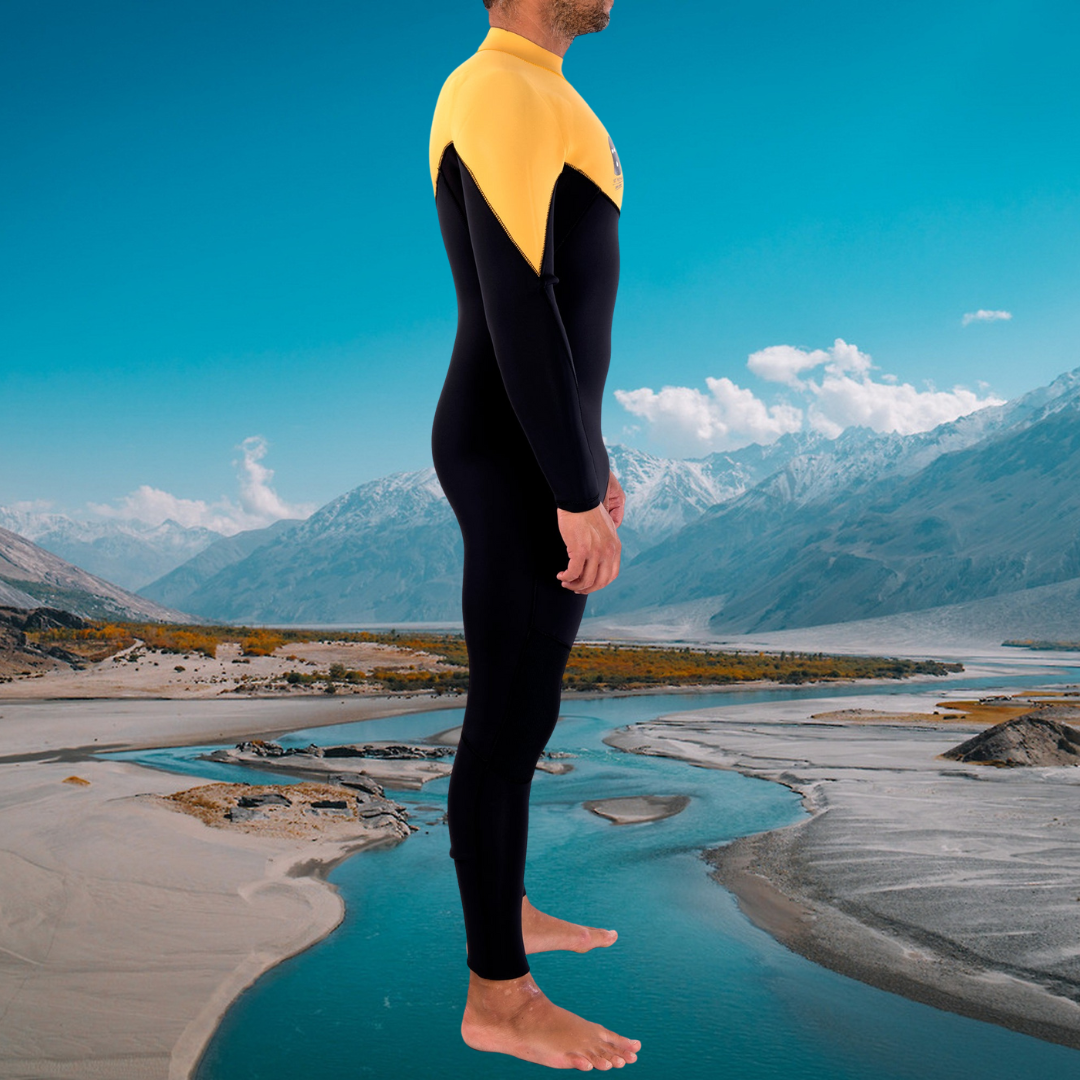 Side view of JANGA Bastard ZIP FREE 4/3mm Black/Yellow wetsuit – lightweight, flexible, and quick-dry lining