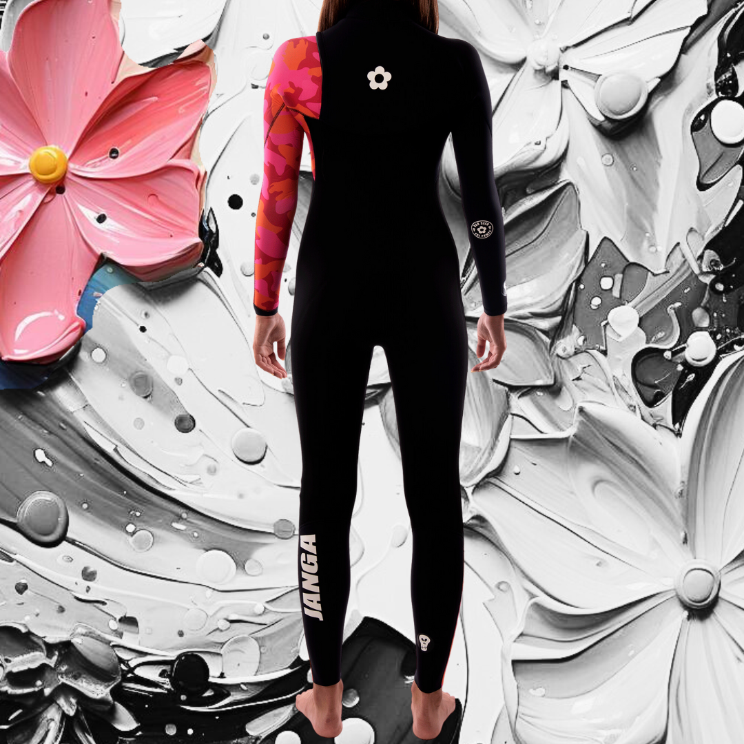 Back view of JANGA ZIPFREE wetsuit with flower pattern