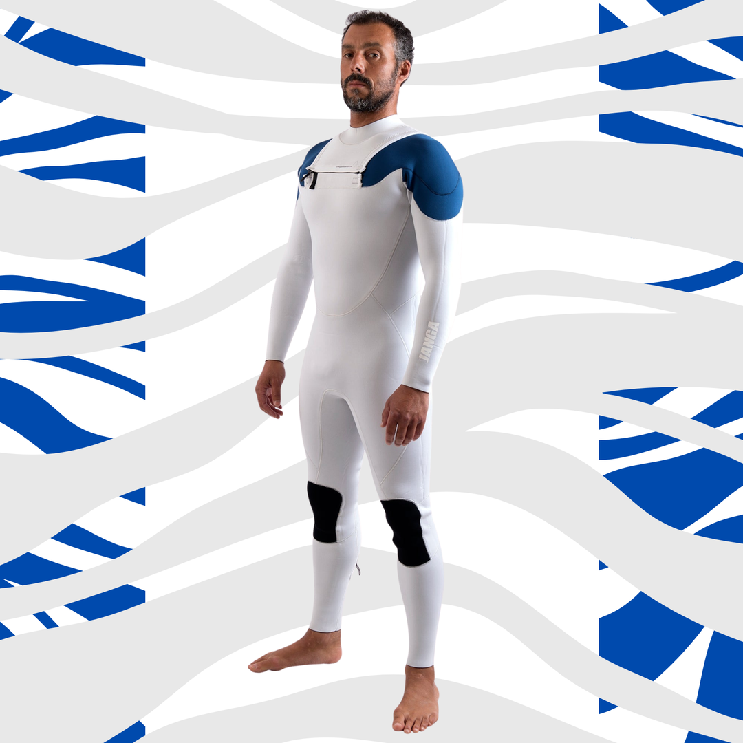 Surfer wearing JANGA ACID Chest Zip wetsuit for cold water