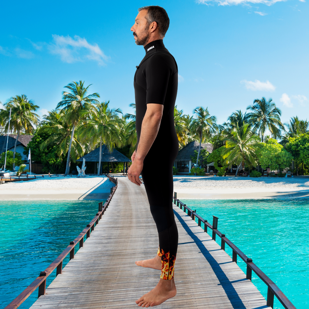 side view of Yamamoto limestone neoprene – JANGA Firestarter Short Sleeve wetsuit