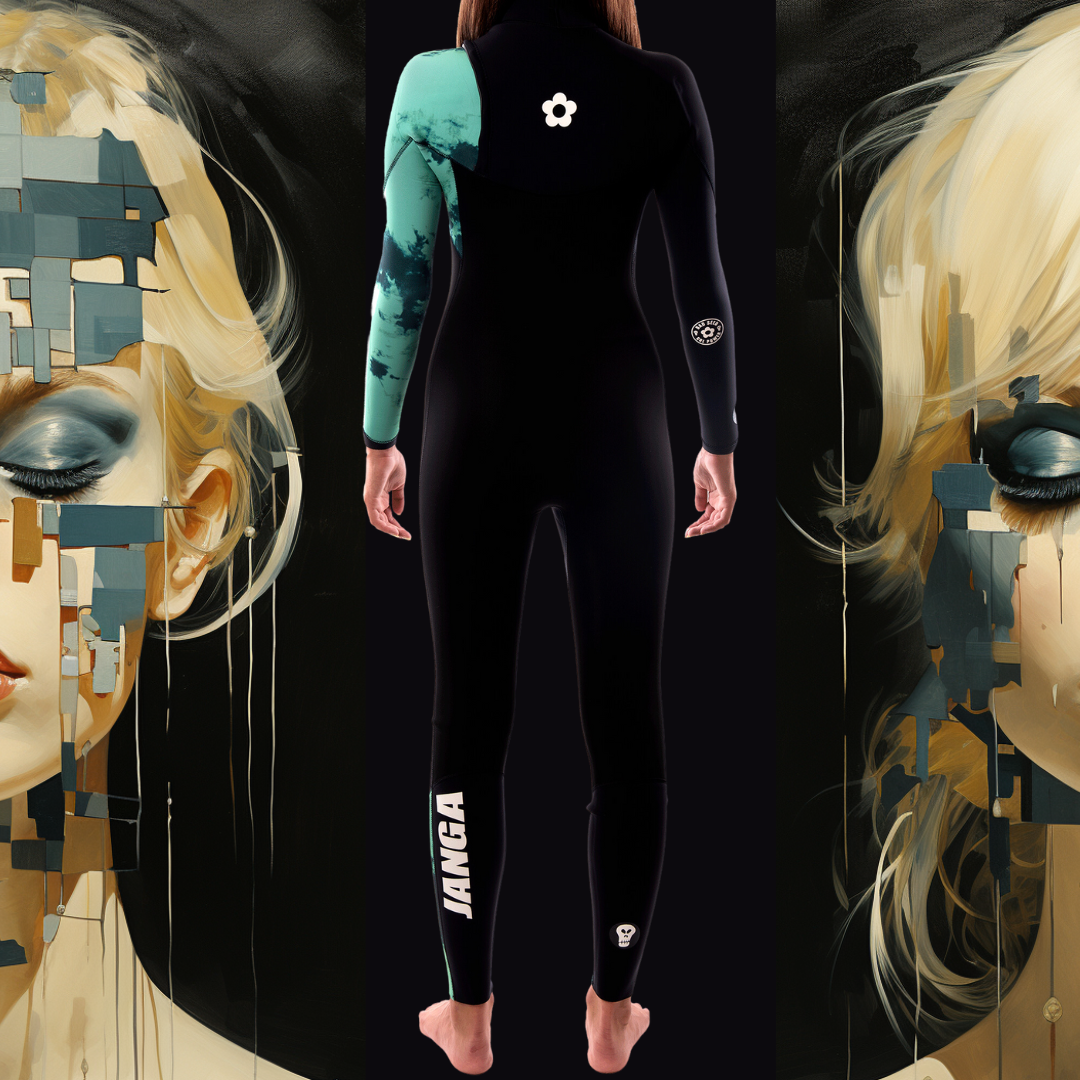 Back view of JANGA Bad Seed 4/3mm Camo wetsuit for women