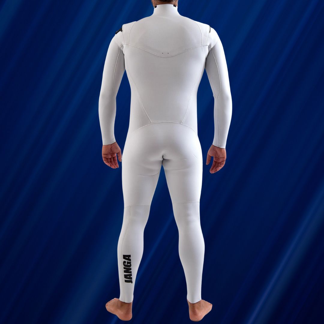Back view – JANGA PLUS SERIES 4/3mm White surf wetsuit for cool water conditions