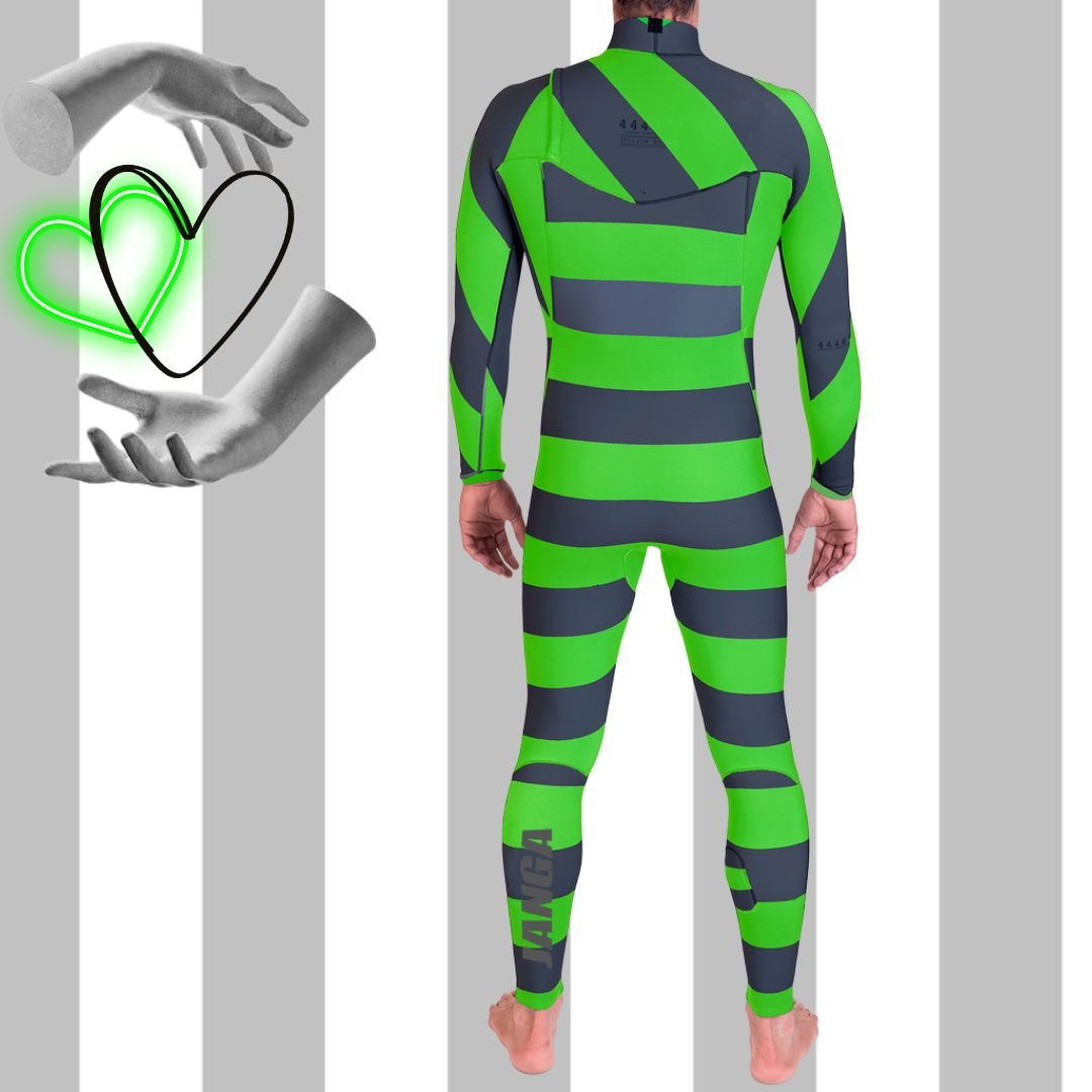 Back view – JANGA Prison Bound Green wetsuit with Kevlar knee pads