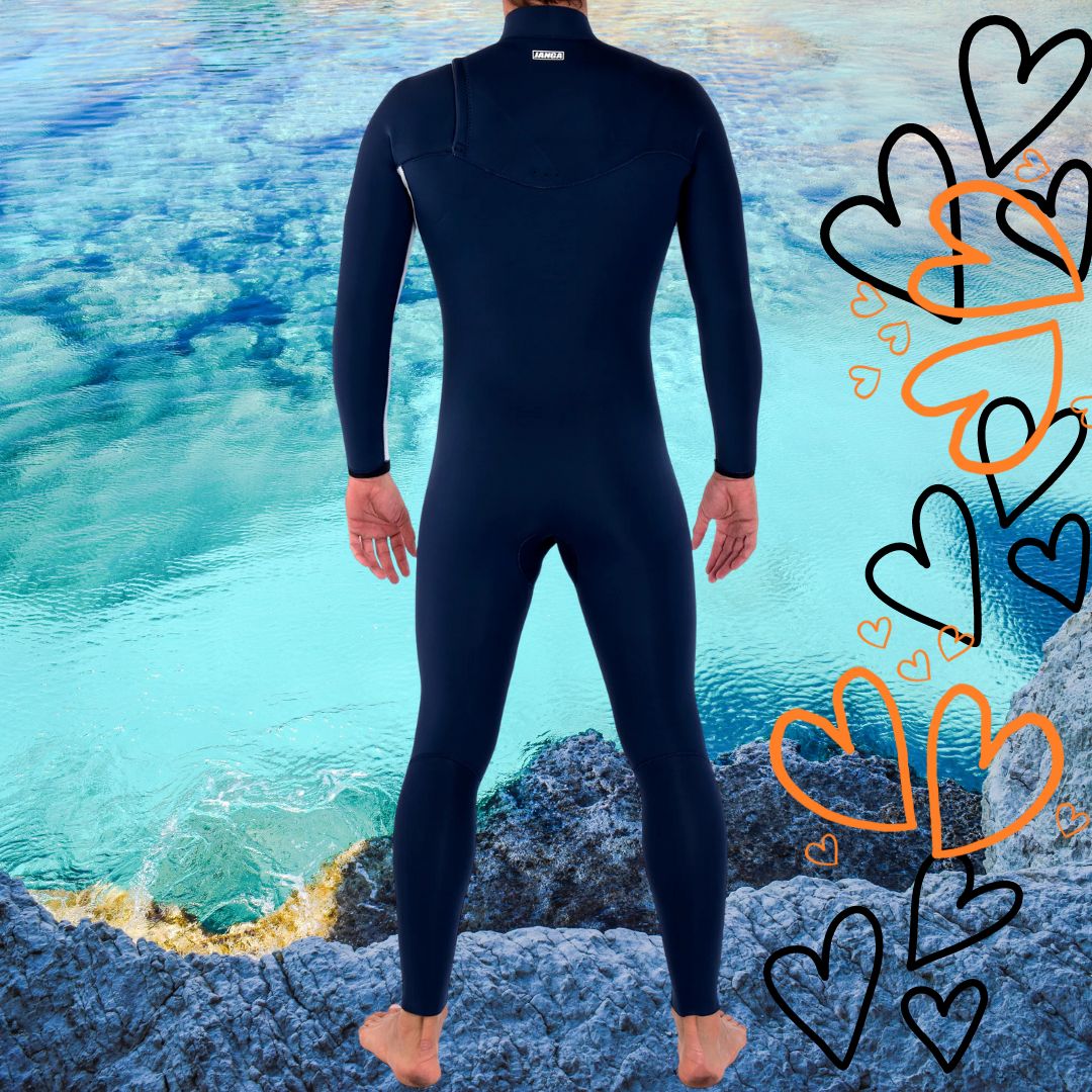 Back view – JANGA THE DARK HALF 4/3mm Orange/Black performance wetsuit