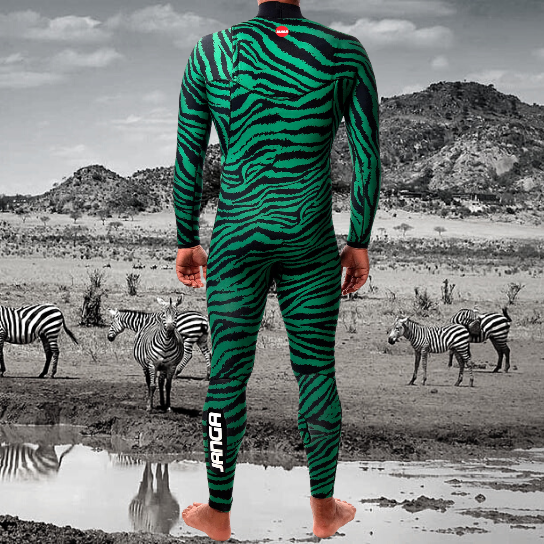 Back view – Men's JANGA Jangle 4/3mm Green premium limestone neoprene wetsuit
