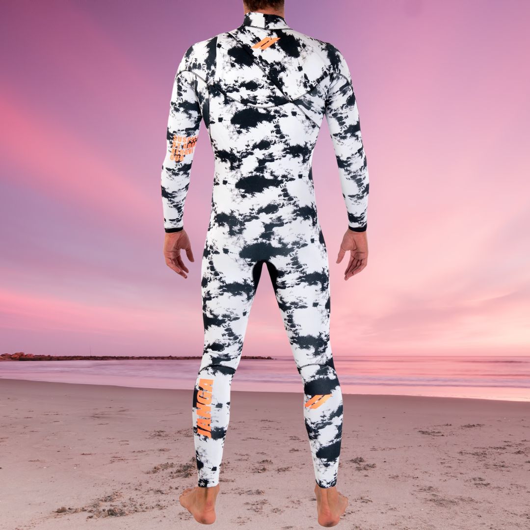 Back view of JANGA INDIGENT 2mm Tie Dye White wetsuit with premium neoprene