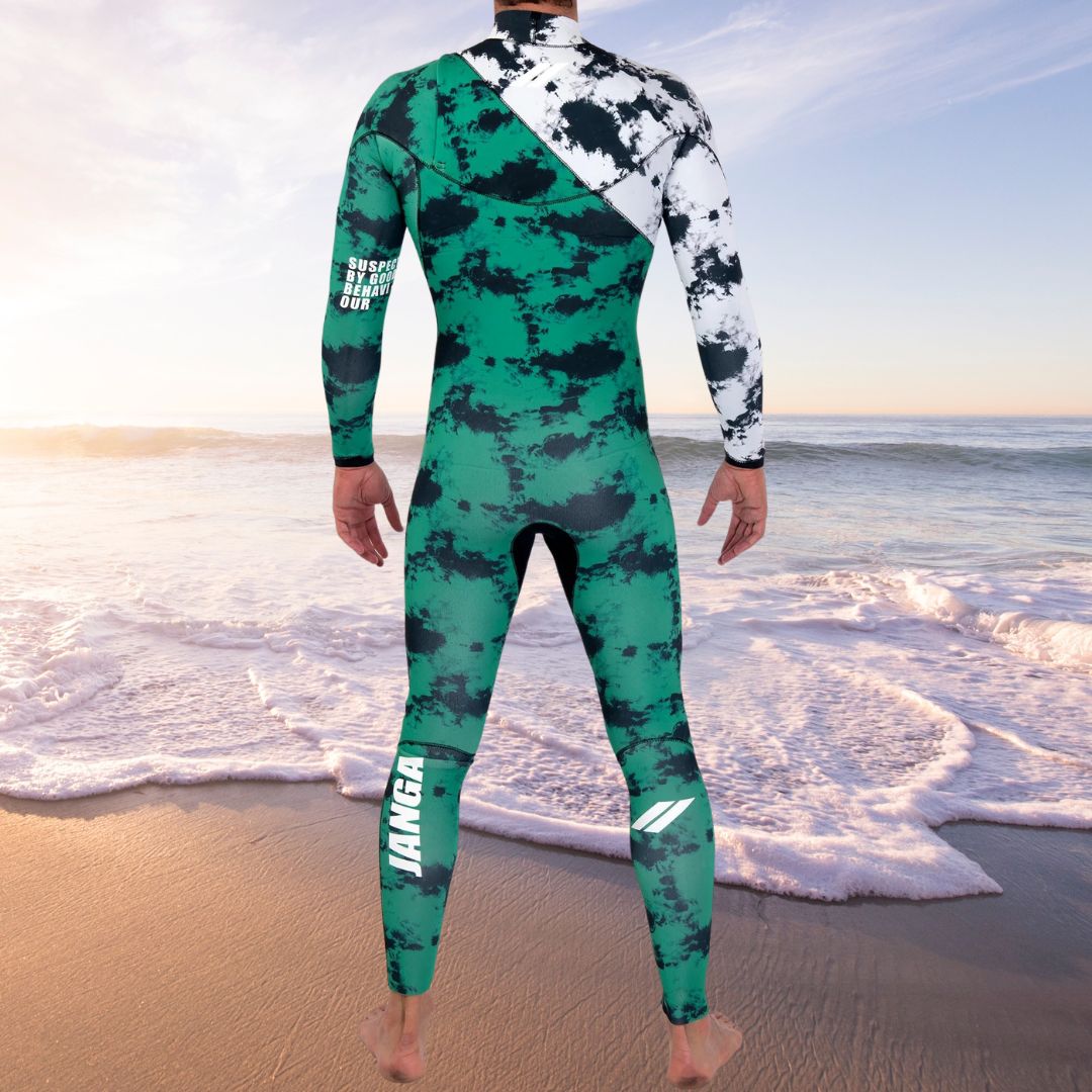 Back view of JANGA INDIGENT 3mm Tie Dye Green/White wetsuit with premium neoprene