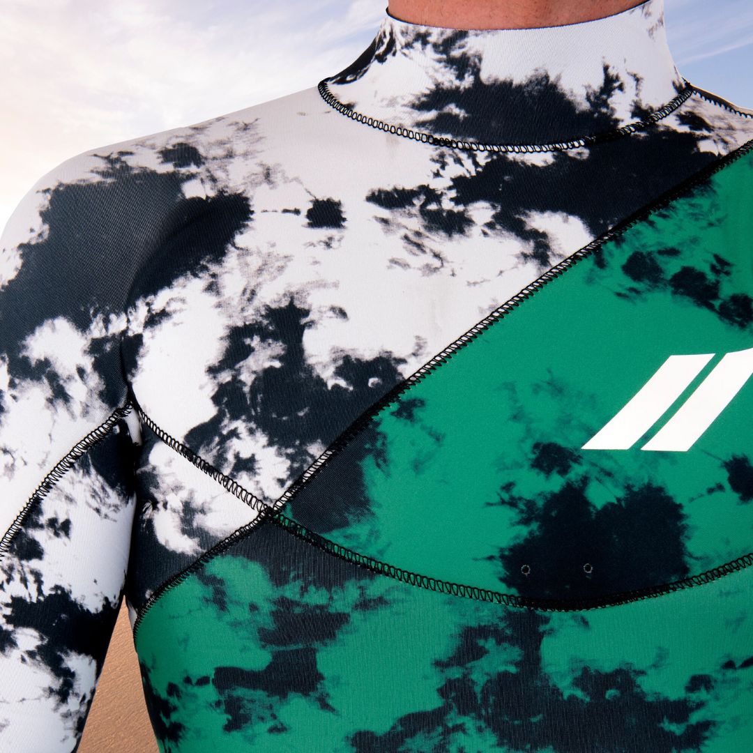 Close-up of tie dye green and white neoprene material – JANGA INDIGENT 3mm