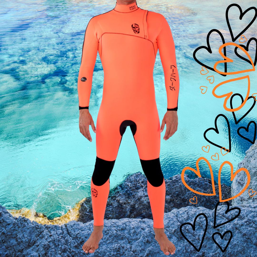 Front view – JANGA THE DARK HALF 4/3mm Orange/Black zip-free wetsuit for 12–17°C waters
