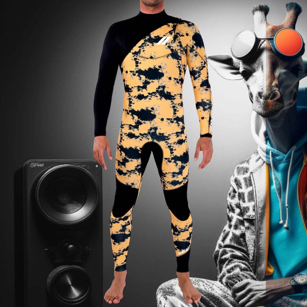 Front view of JANGA INDIGENT 4/3mm Tie Dye Yellow wetsuit – lightweight limestone neoprene