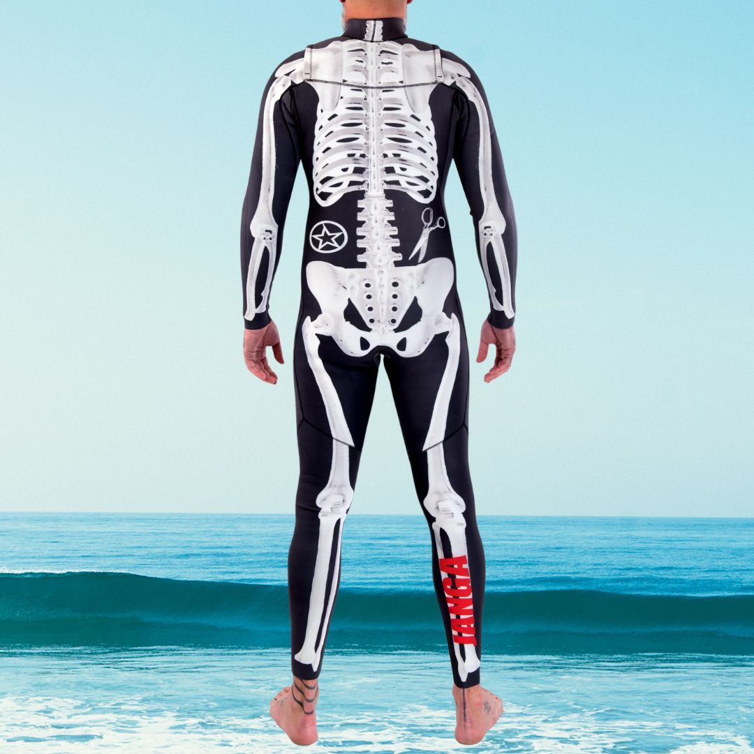 Back view of JANGA ANALOG Black skeleton skull  limited wetsuit