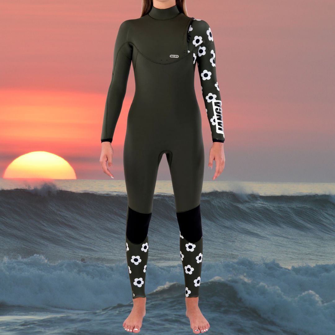 Front view of JANGA Bad Seed Flowers 4/3mm Green women’s wetsuit