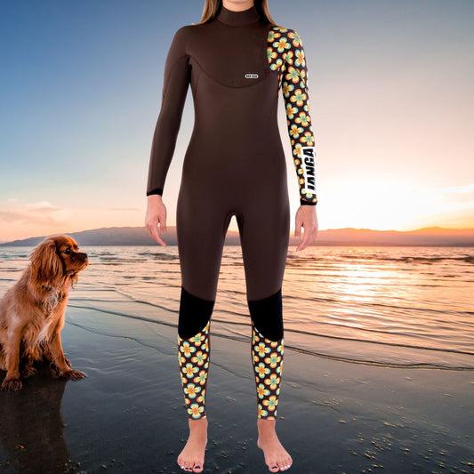Front view of JANGA Bad Seed Flowers 4/3mm Brown women’s wetsuit