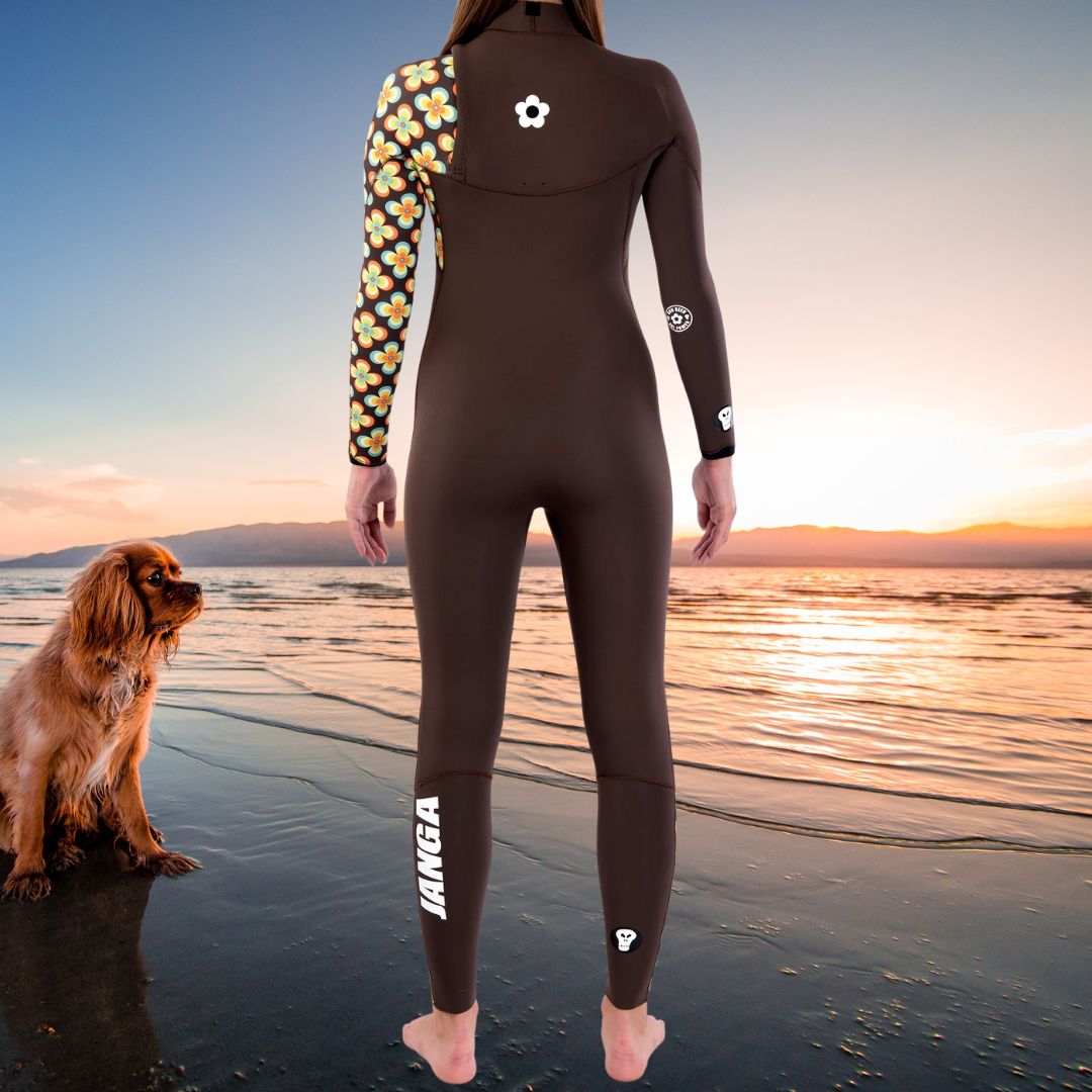 Back view of JANGA Bad Seed Flowers 4/3mm Brown women’s wetsuit