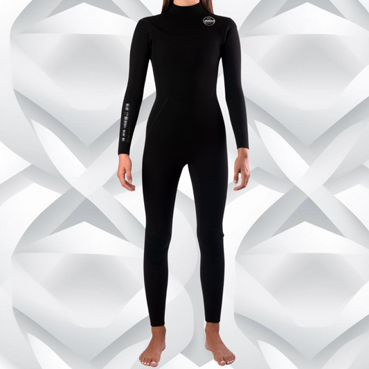 Front view — JANGA PLUS SERIES X-ZIP 4/3mm Black wetsuit with Yamamoto neoprene
