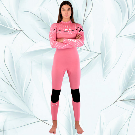 Front view — JANGA PLUS SERIES X-ZIP 4/3mm Pink/dots wetsuit for surfing