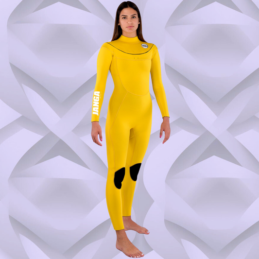 Front view — JANGA PLUS SERIES X-ZIP 4/3mm Yellow wetsuit handmade LTD edition