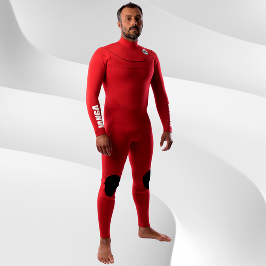 Front view – Men's JANGA PLUS SERIES 4/3mm Red wetsuit for 12–17°C cold-water surfing