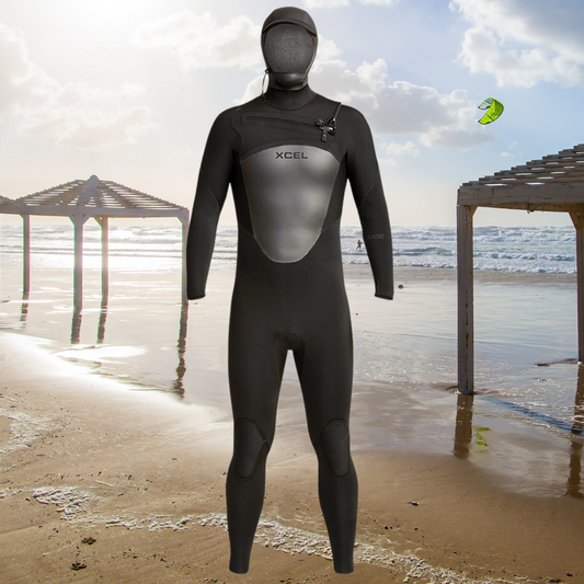 Front view – Men's XCEL Axis 5/4mm Hooded Back Zip wetsuit for 6–12°C cold water surfing