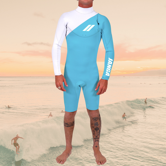 Front view of JANGA INDIGENT LONG SLEEVE BLUE 2mm wetsuit – premium limestone neoprene"
