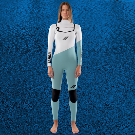 Front view of JANGA INDIE II WOMAN 3/2mm White/Light Blue Wetsuit
