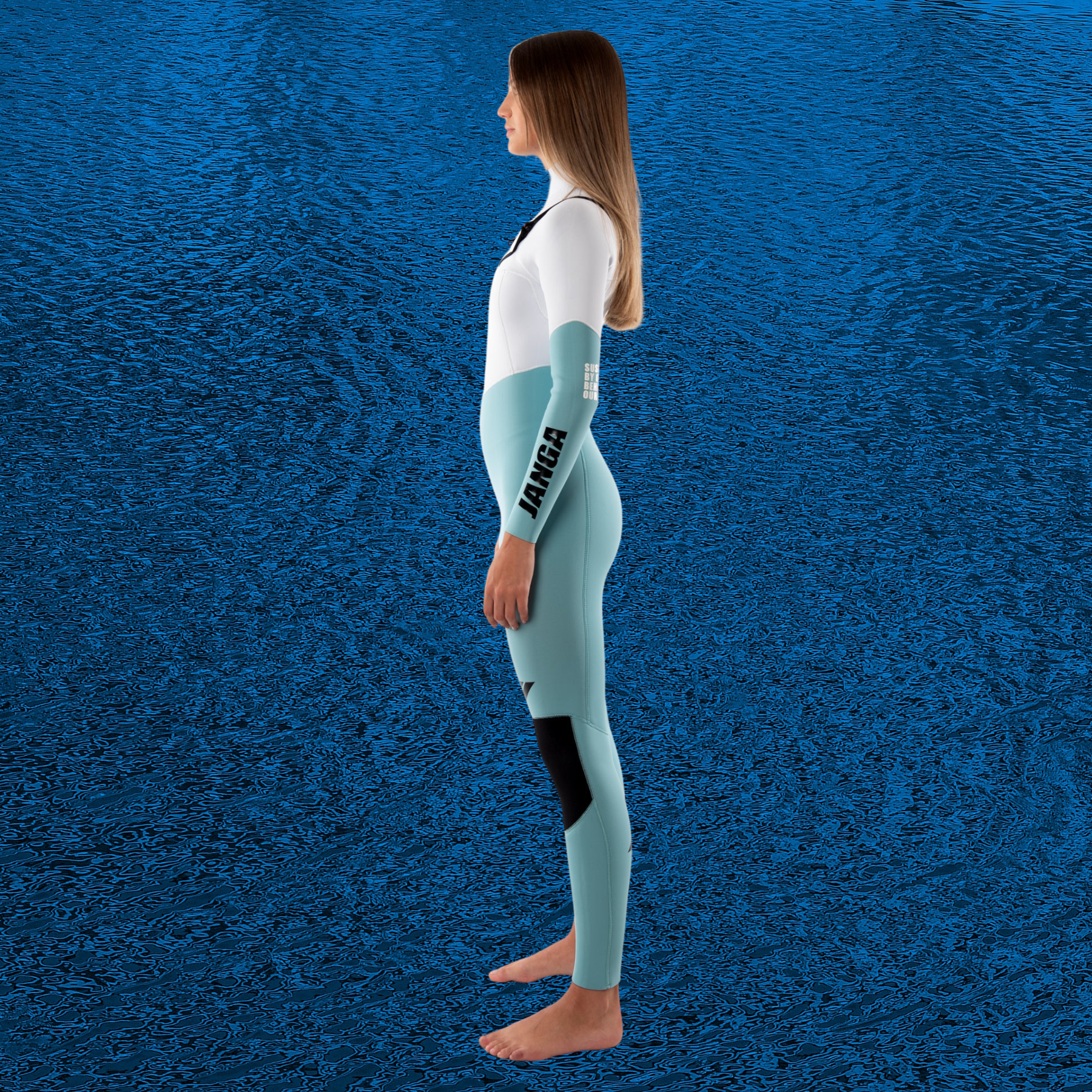 Side view white and light blue sublimation print on JANGA INDIE II wetsuit