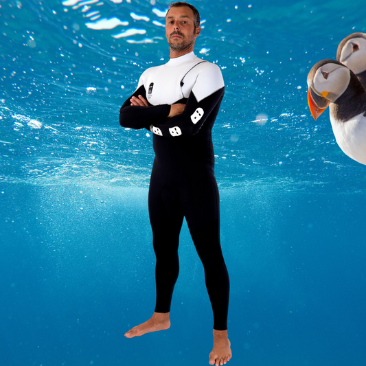 JANGA Bastard ZIP FREE 4/3mm Black/White wetsuit front view – premium surf wetsuit with super stretch neoprene