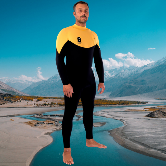 JANGA Bastard ZIP FREE 4/3mm Black/Yellow wetsuit front view – premium surf wetsuit with super stretch neoprene