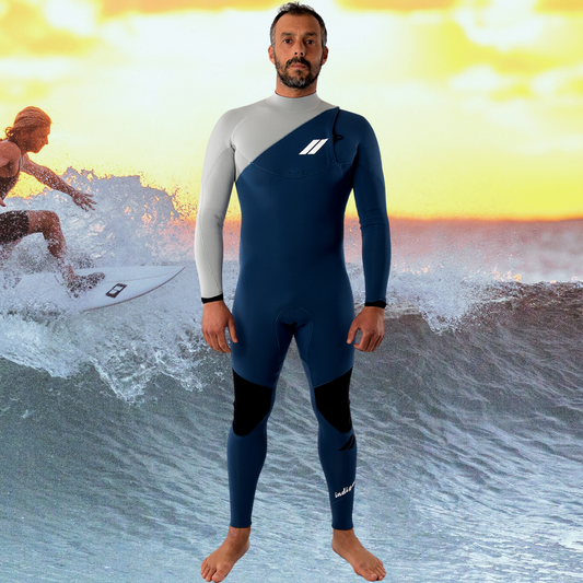 JANGA INDIGENT BLUE 3/2mm premium wetsuit – lightweight limestone neoprene surf suit front view